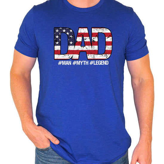 Men's patriotic DAD t-shirt with distressed American flag design and Man Myth Legend text