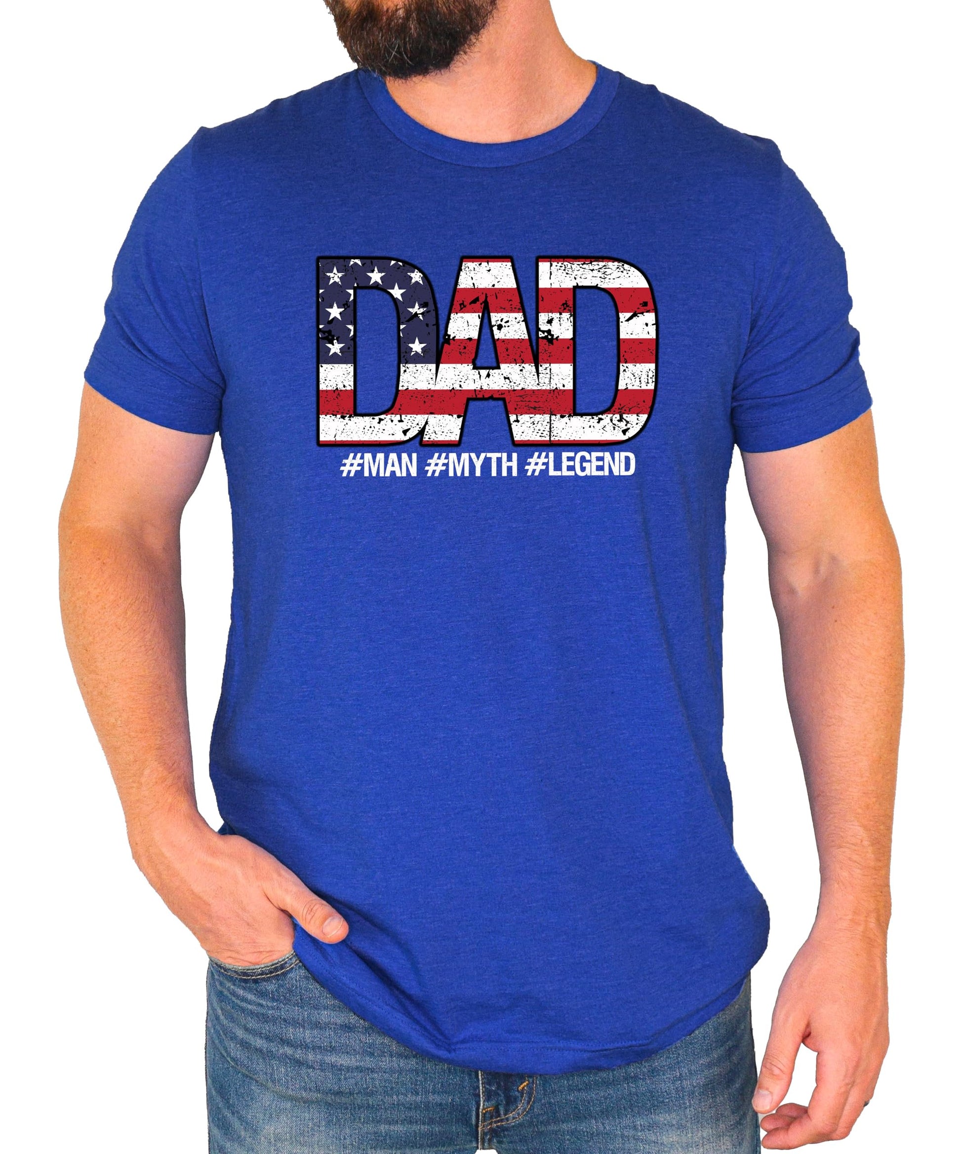 Men's patriotic DAD t-shirt with distressed American flag design and Man Myth Legend text