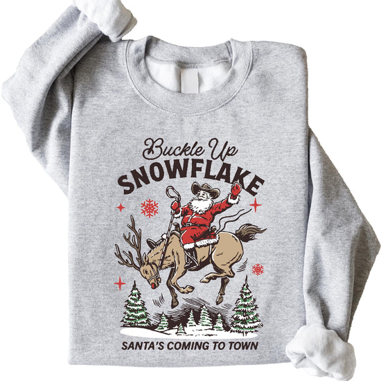 Front view of Buckle Up Snowflake holiday sweatshirt featuring festive western Santa design in gray