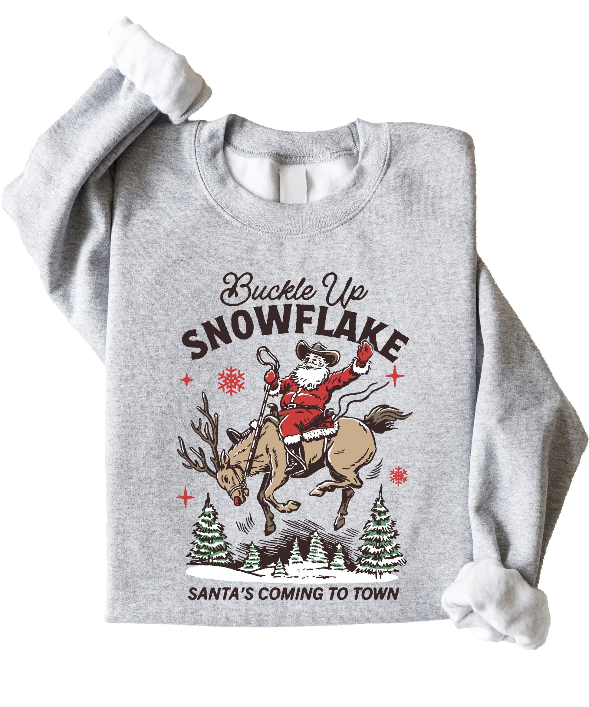 Front view of Buckle Up Snowflake holiday sweatshirt featuring festive western Santa design in gray