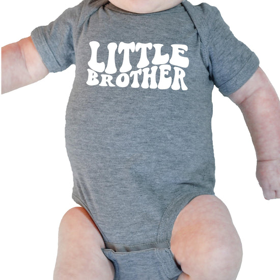 Little Brother groovy wavy graphic baby bodysuit in granite heather for newborns by Olive Loves Apple