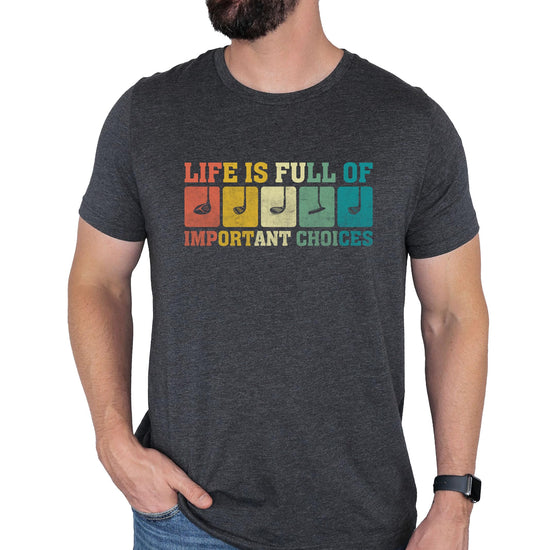 Front view of funny men's golf graphic tee in dark gray heather with humorous golf phrase