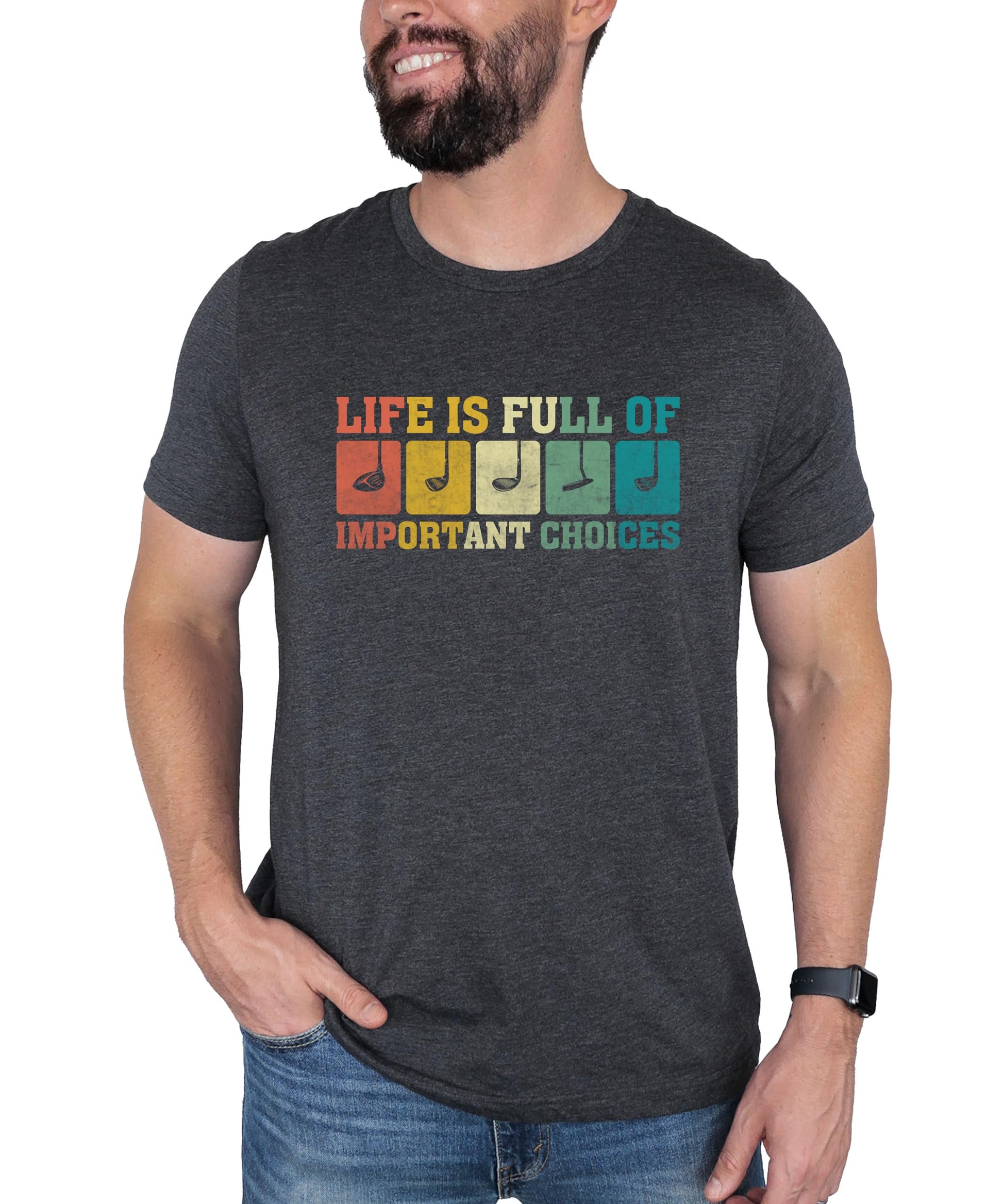 Front view of funny men's golf graphic tee in dark gray heather with humorous golf phrase