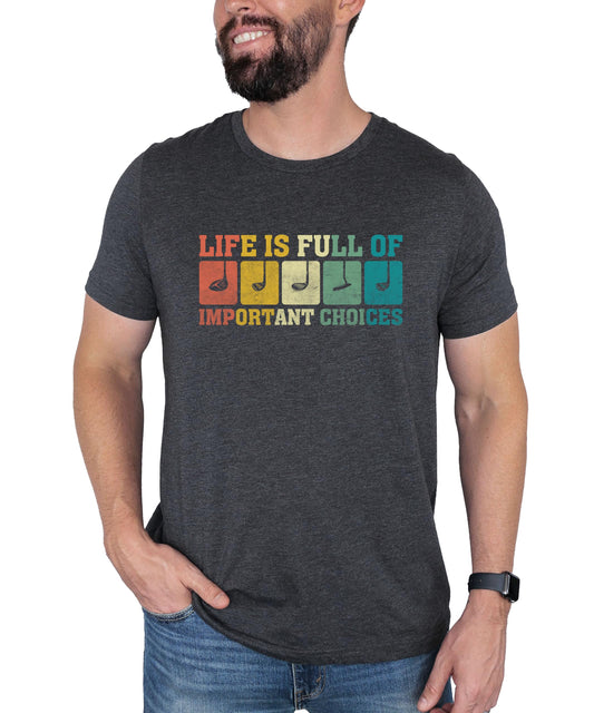 Front view of funny men's golf graphic tee in dark gray heather with humorous golf phrase