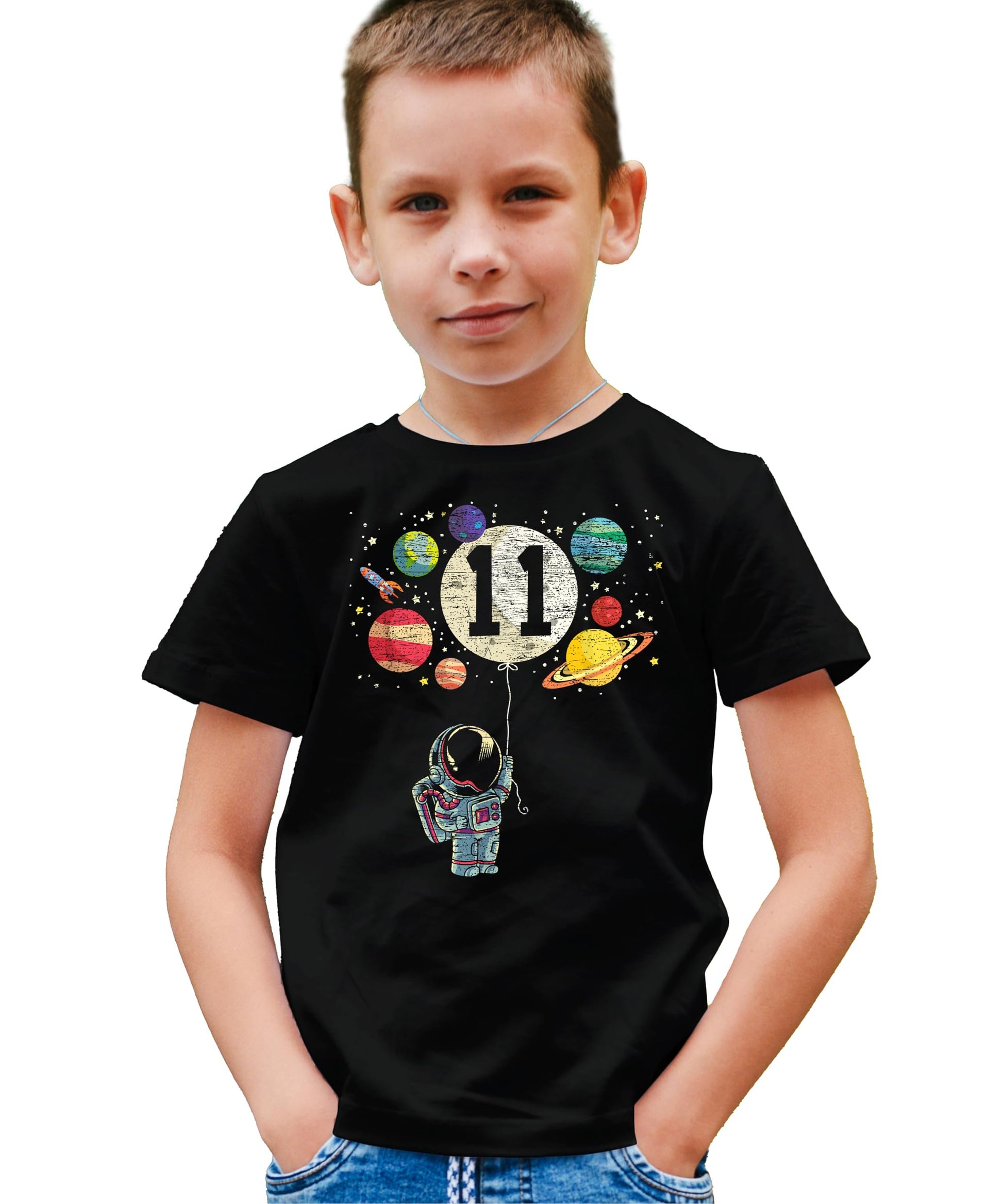 Front view of youth space birthday tee with colorful planet and rocket design