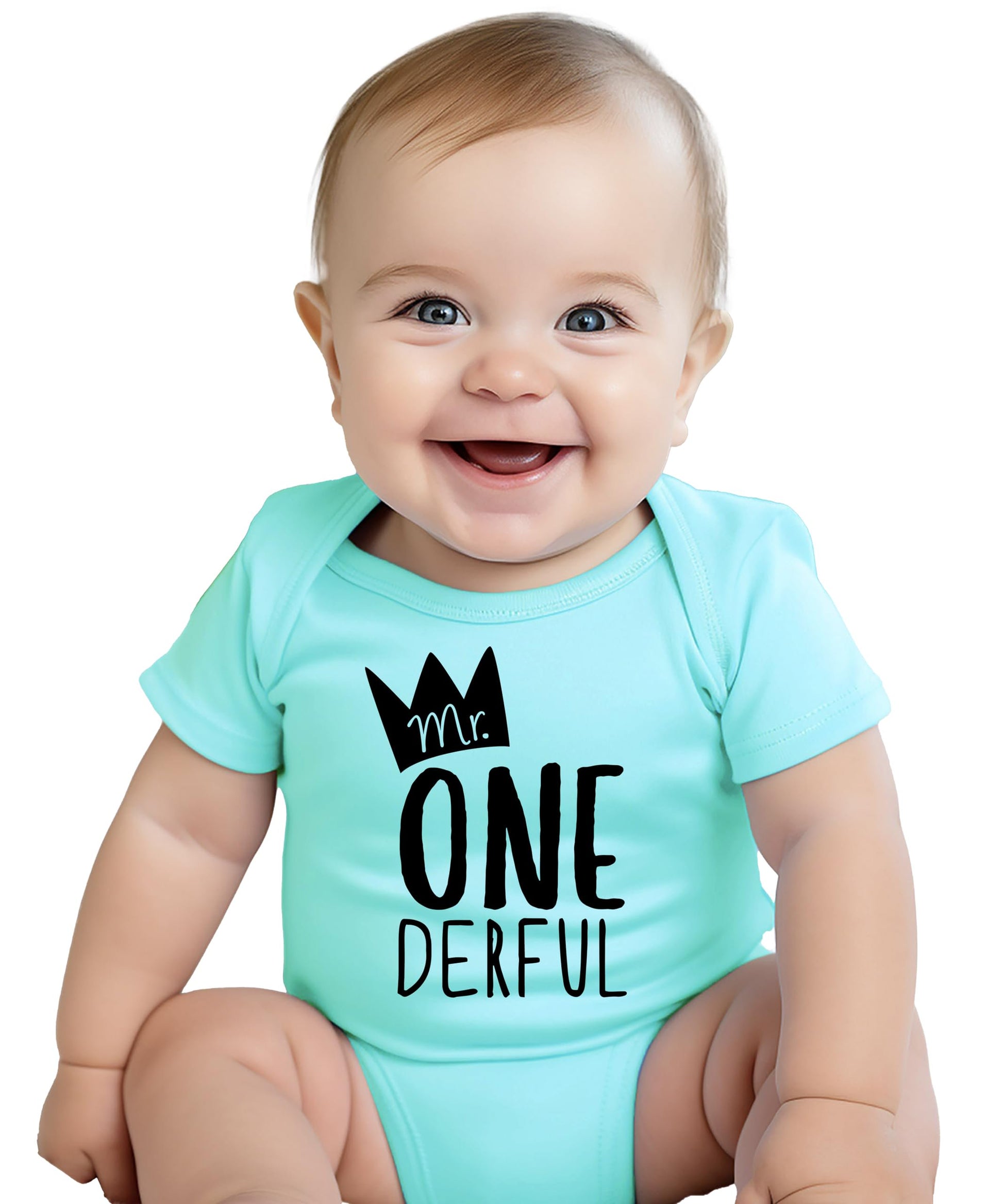 Baby boy wearing Mr. One-Derful 1st birthday bodysuit with bold graphic print