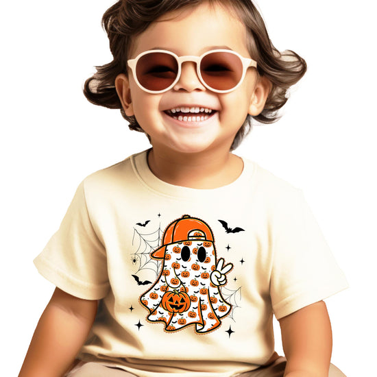 Ghost peace sign Halloween shirt for boys with pumpkins and jack-o-lantern bucket design on natural tee