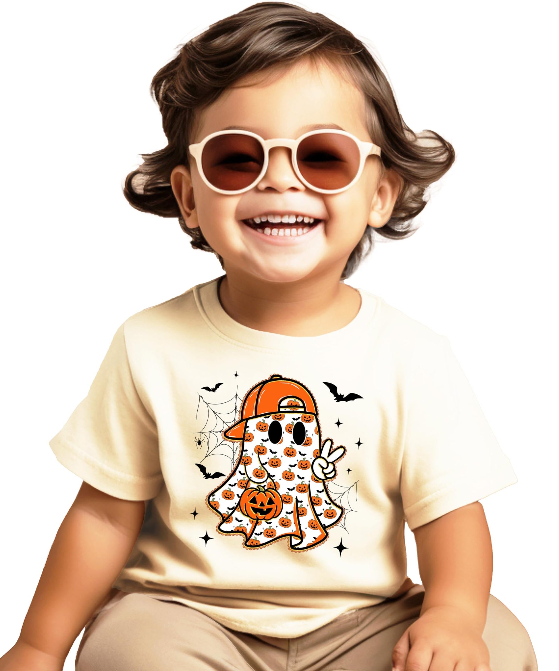 Ghost peace sign Halloween shirt for boys with pumpkins and jack-o-lantern bucket design on natural tee