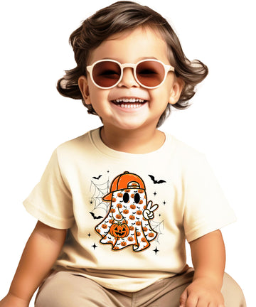 Ghost peace sign Halloween shirt for boys with pumpkins and jack-o-lantern bucket design on natural tee