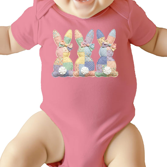 Spring infant bodysuit with vintage cottagecore quilt bunny artwork in pastel tones