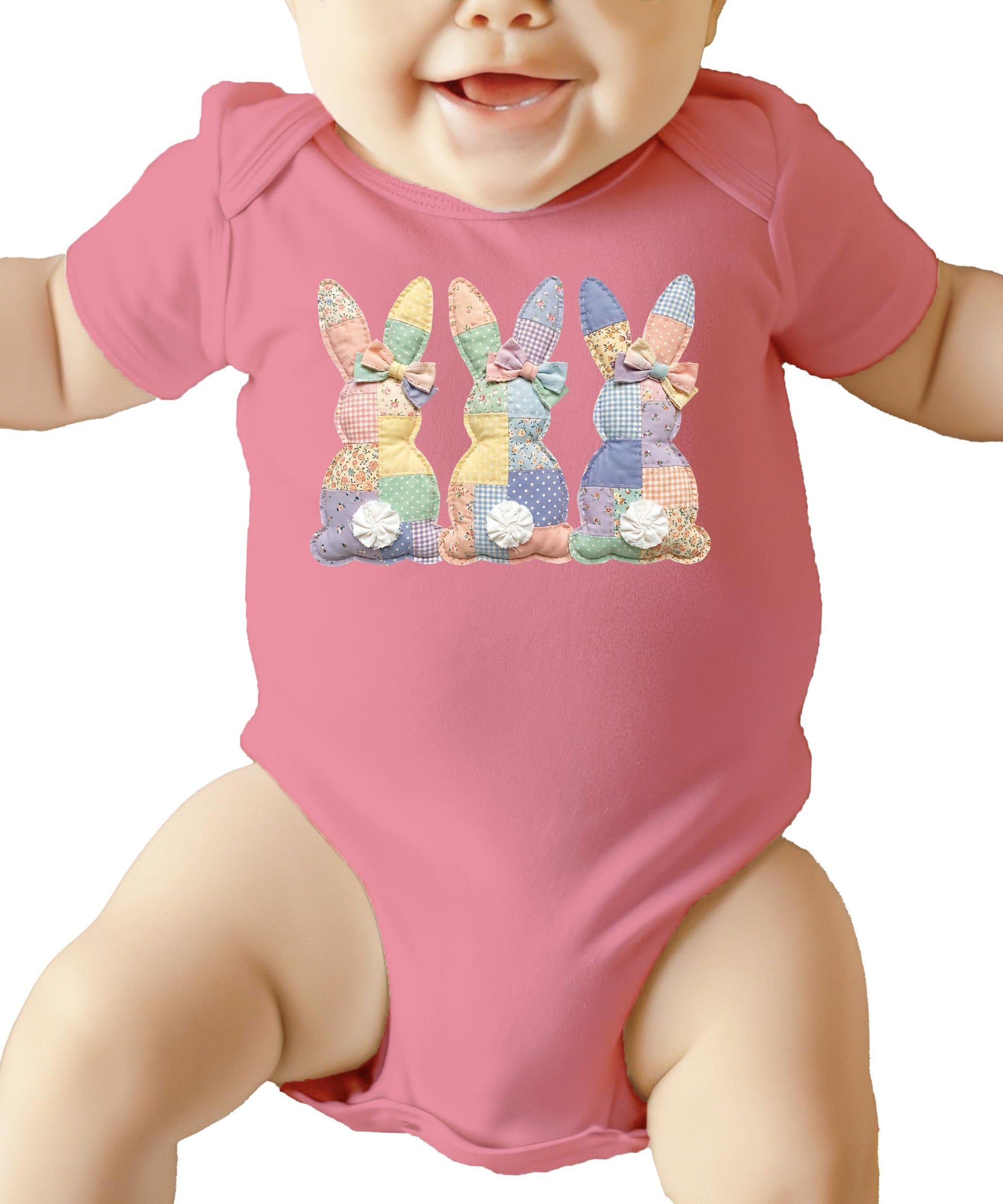 Spring infant bodysuit with vintage cottagecore quilt bunny artwork in pastel tones