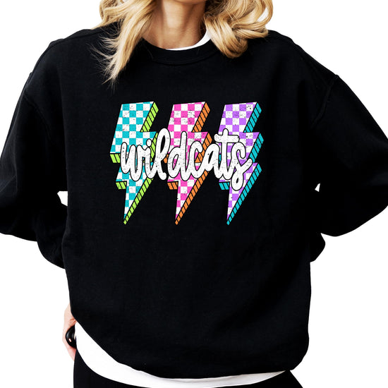 Gray wildcats sweatshirt with colorful checkered lightning bolt design on front