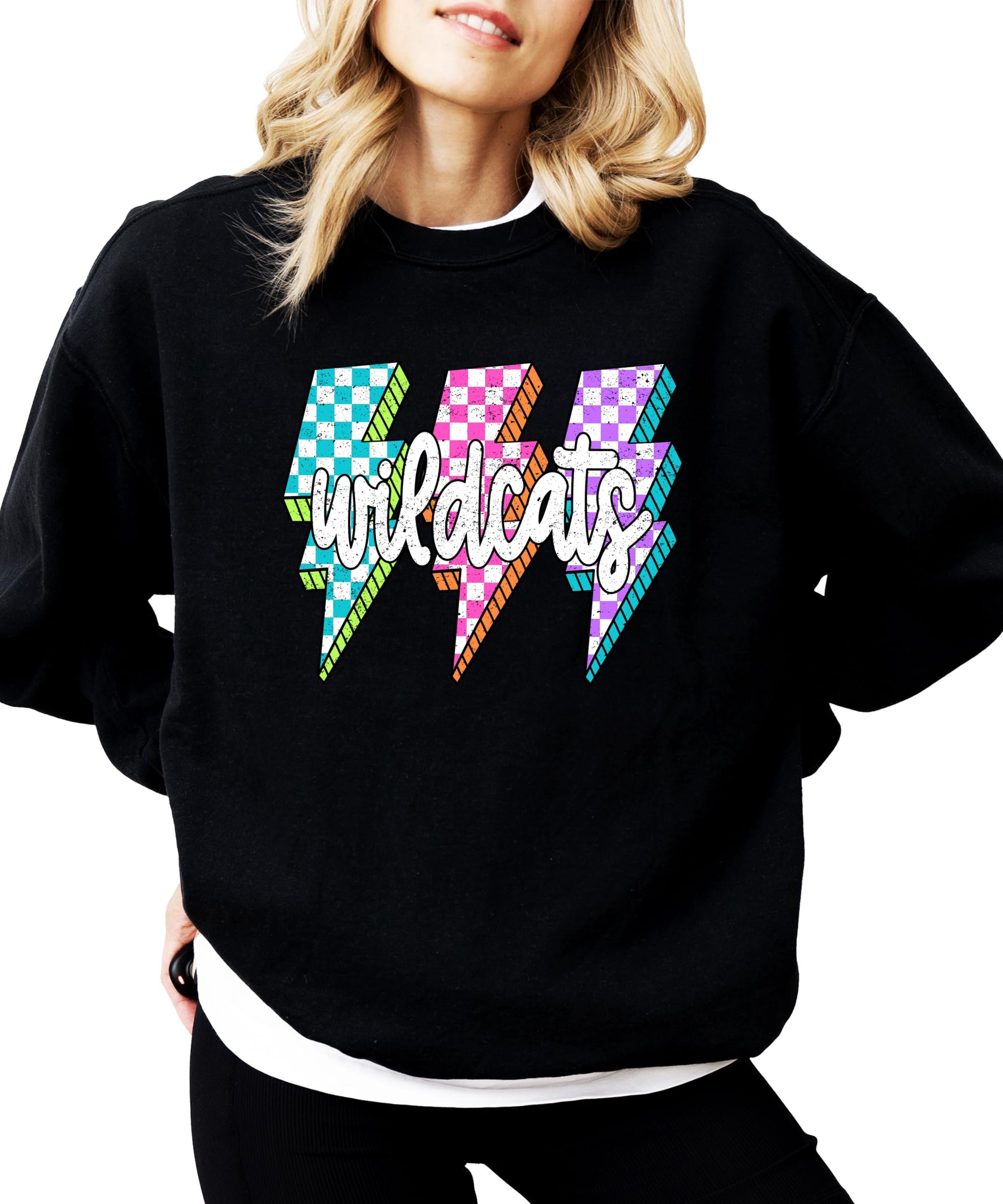 Gray wildcats sweatshirt with colorful checkered lightning bolt design on front