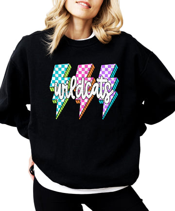 Gray wildcats sweatshirt with colorful checkered lightning bolt design on front