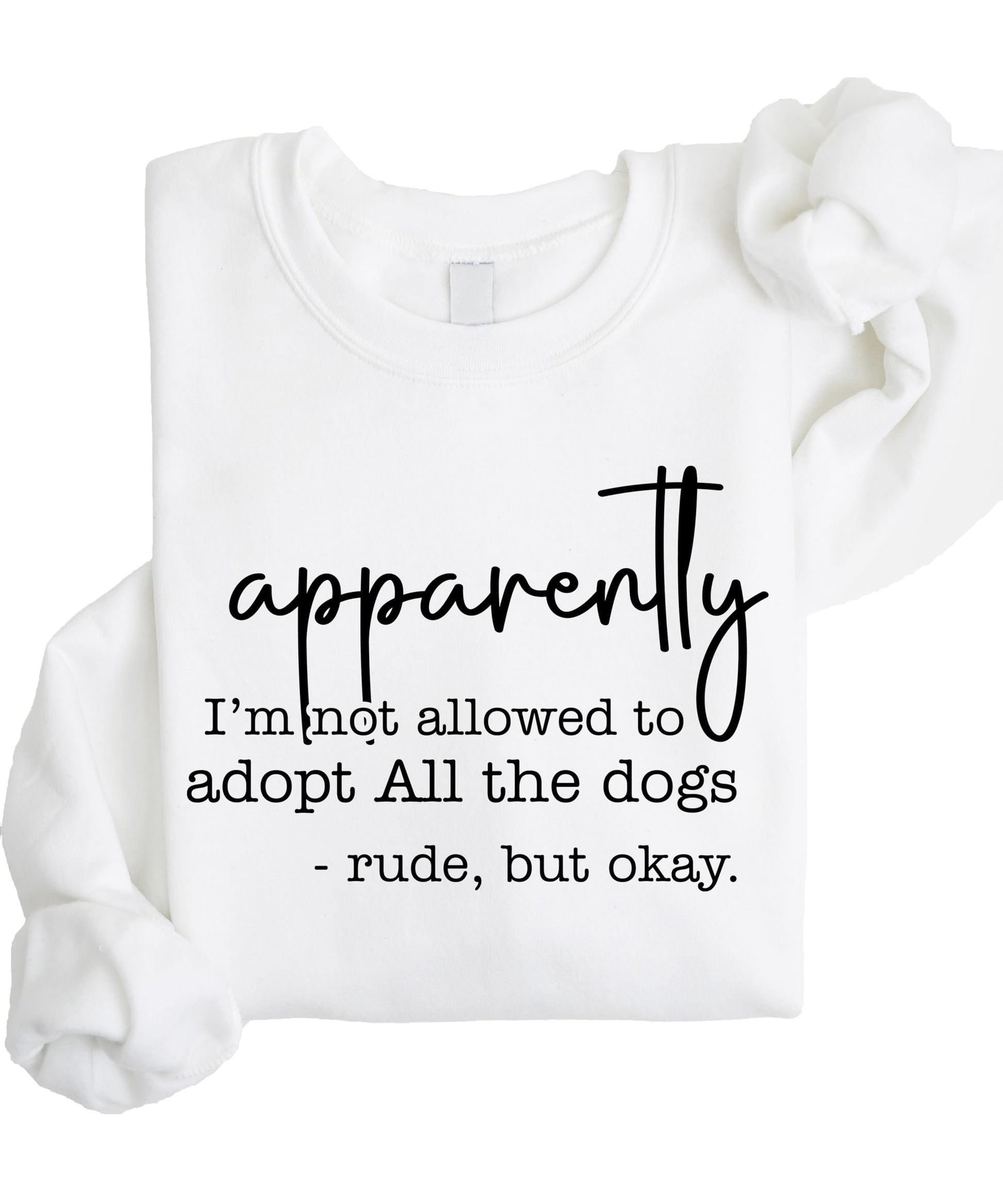 Close-up view of black text design on gray sweatshirt about adopting all the dogs