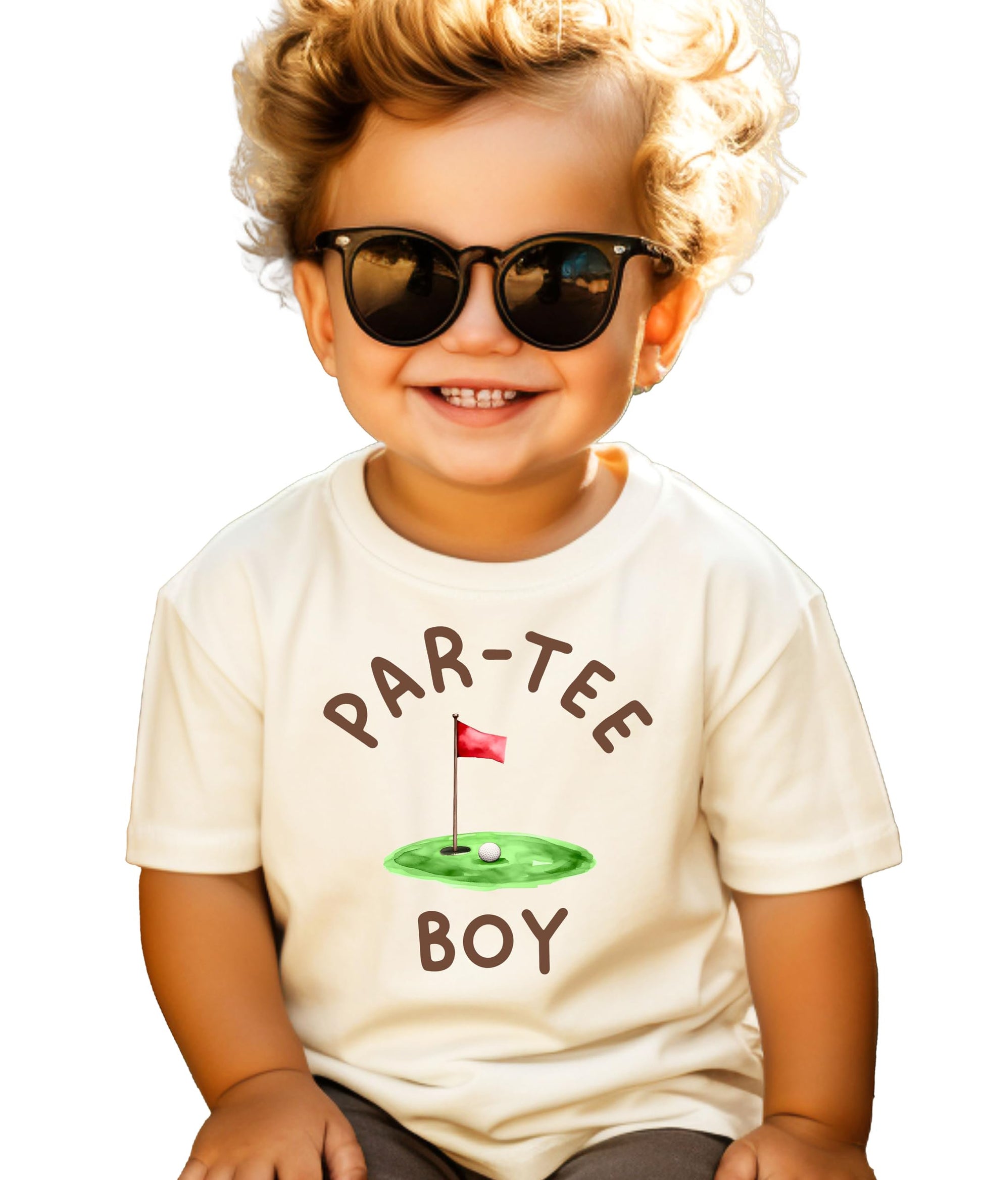 Close-up of Par-Tee Boy golf themed birthday graphic print on natural shirt