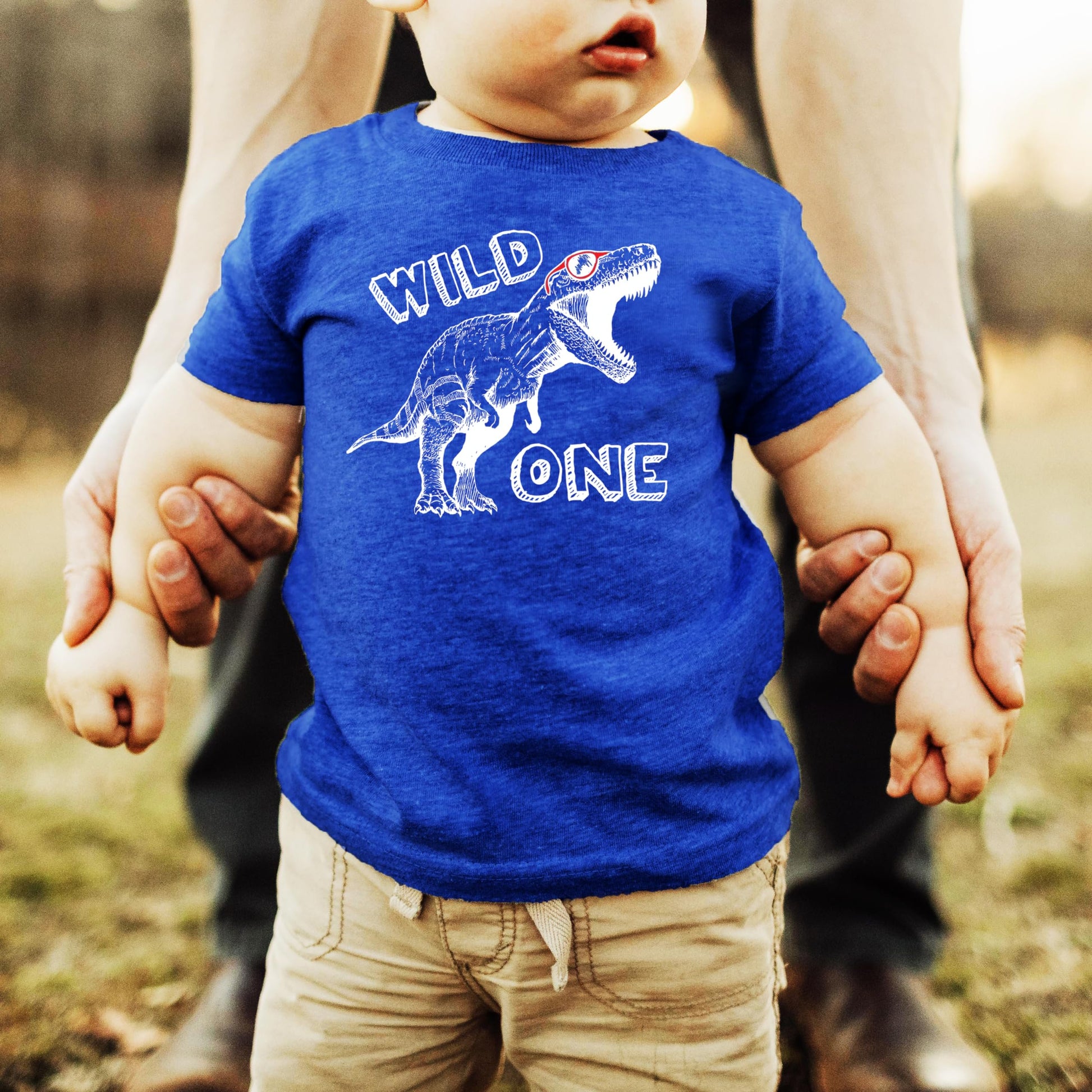 Detail shot of Wild One text and dinosaur graphics on first birthday baby t-shirt