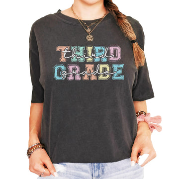 Third Grade Bold Pastel Letter T-Shirt for Teacher Elementary School Teachers Aide 3rd Grade Tee Pepper Shirt Adult Medium