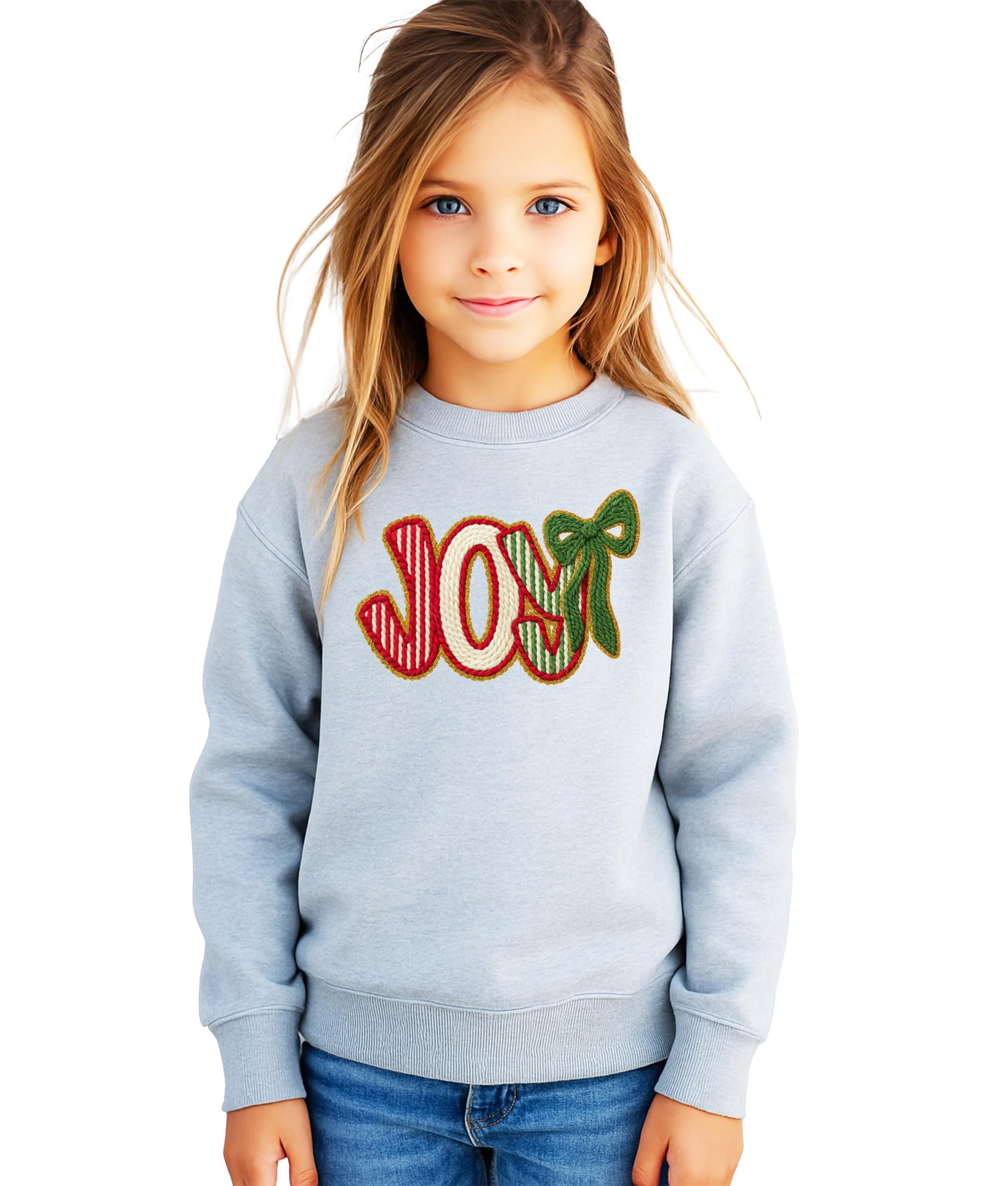 Side or styled view of women's festive JOY Christmas graphic sweatshirt pullover