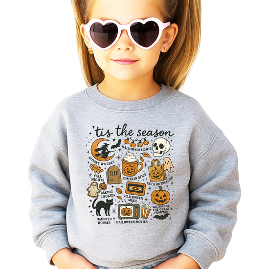 Gray Tis The Season Halloween sweatshirt with pumpkin and ghost graphics on white background