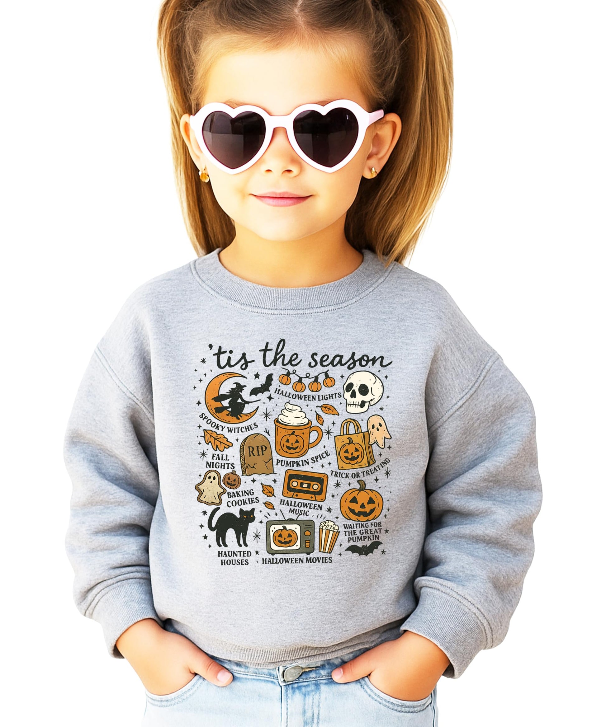 Gray Tis The Season Halloween sweatshirt with pumpkin and ghost graphics on white background