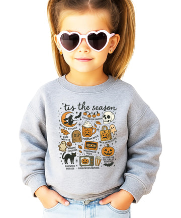 Gray Tis The Season Halloween sweatshirt with pumpkin and ghost graphics on white background