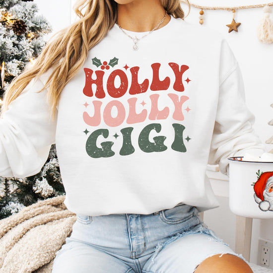 Detail shot of retro-style Holly Jolly Gigi holiday print on cozy gray sweatshirt