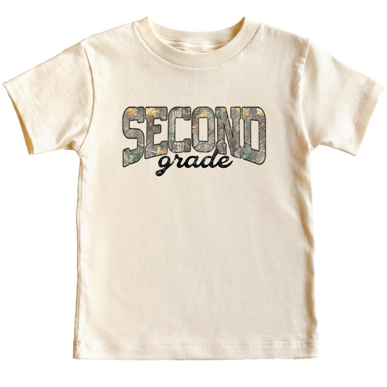 Boy wearing second grade camo back to school shirt in military green with woodland camo letter fill