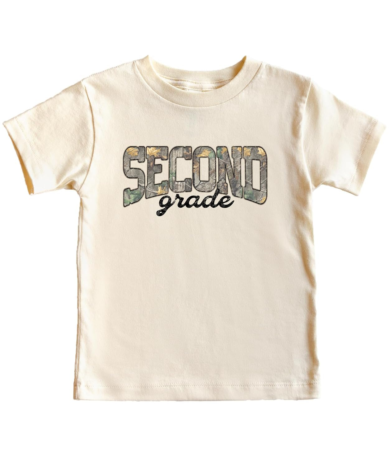 Boy wearing second grade camo back to school shirt in military green with woodland camo letter fill