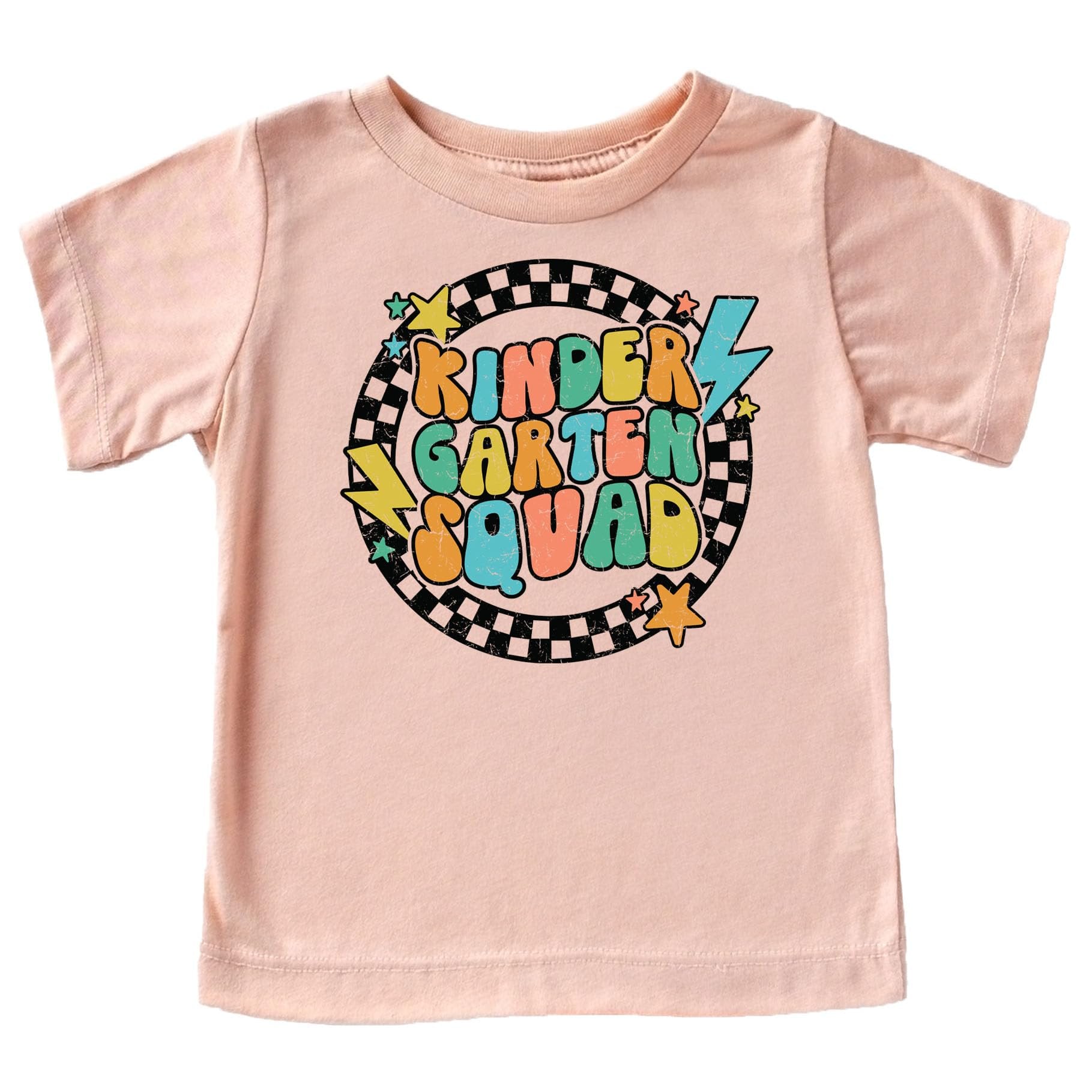Close-up of retro groovy lightning squad print on military green kids back to school shirt