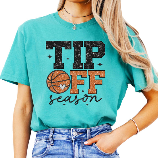 Detail shot of professional faux glitter print on Tip Off Season women's tee