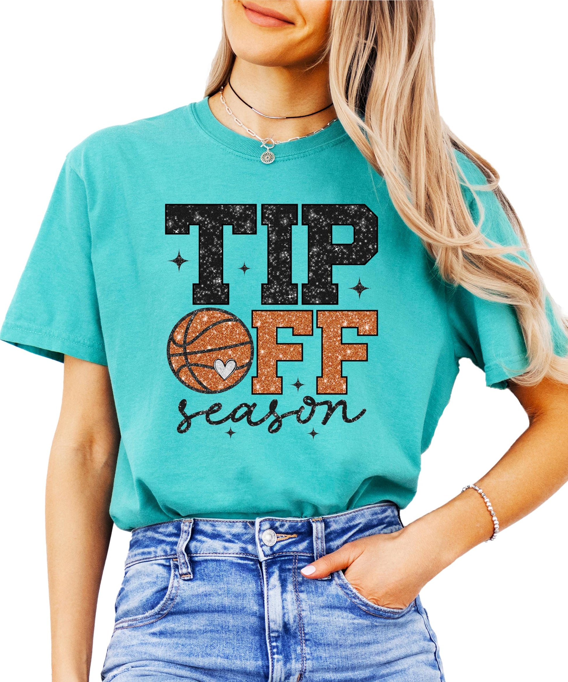 Detail shot of professional faux glitter print on Tip Off Season women's tee
