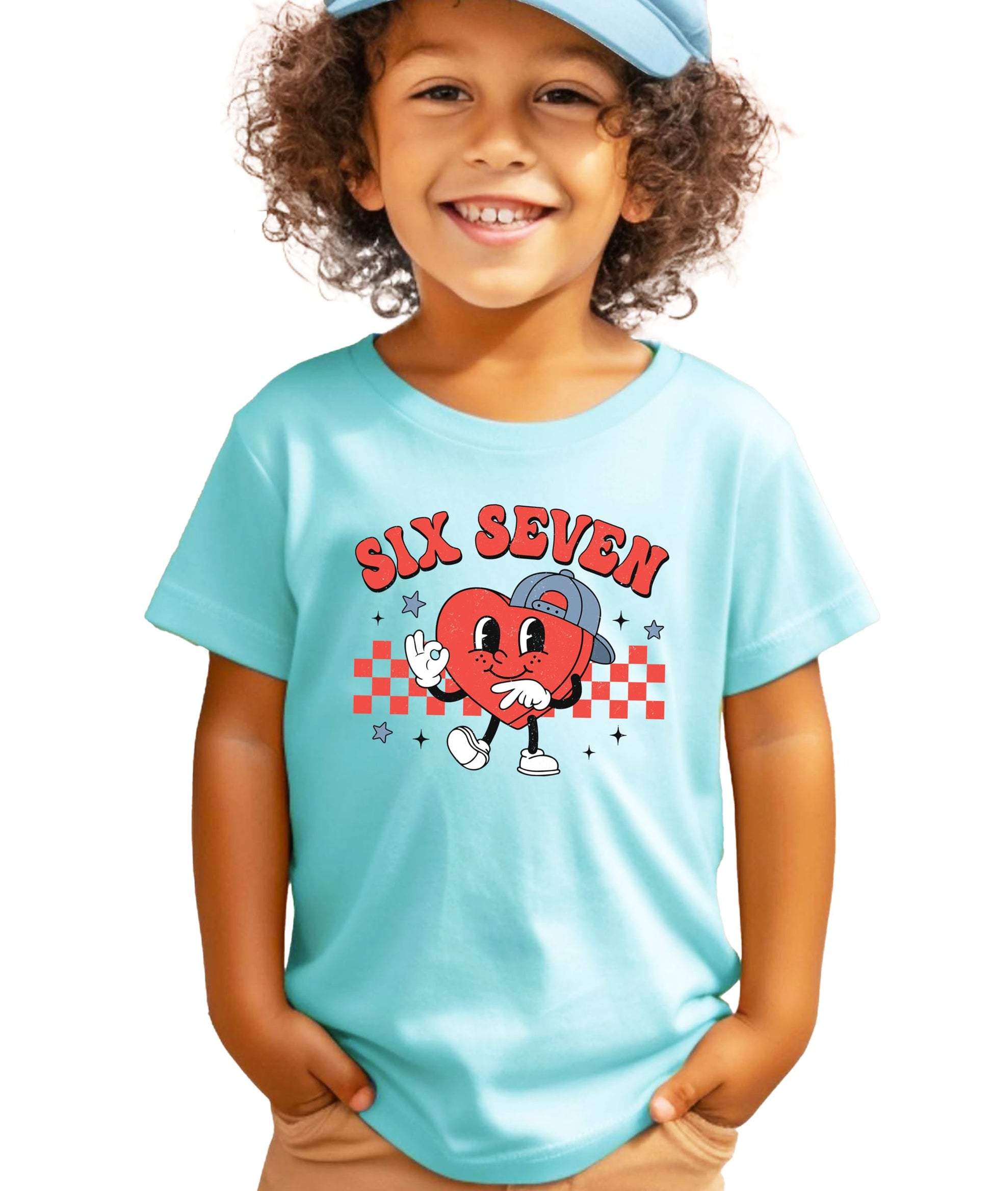 Boy wearing trendy six seven Valentine's Day graphic tee in fun casual style
