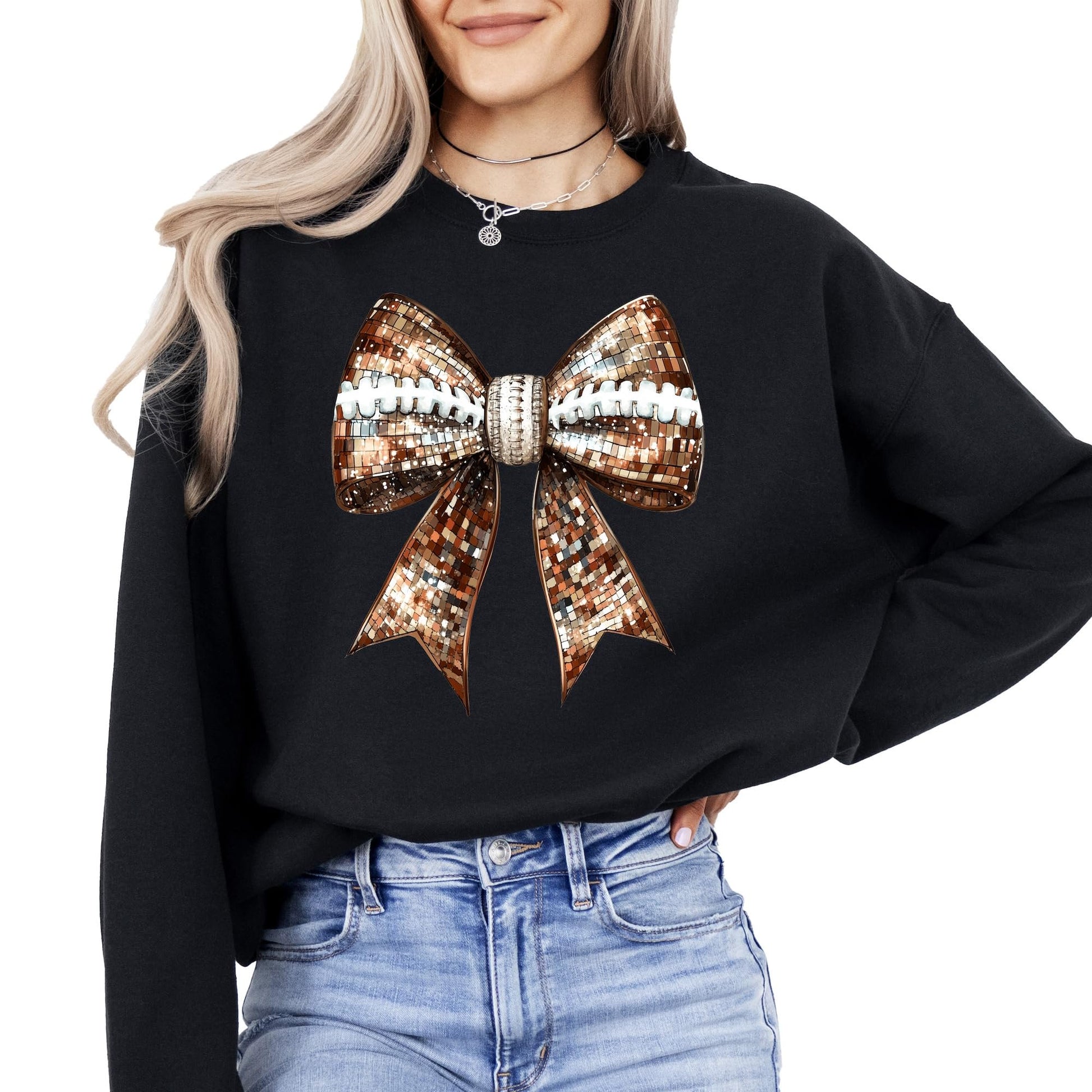 Close-up of disco football coquette bow print on gray women's sweatshirt