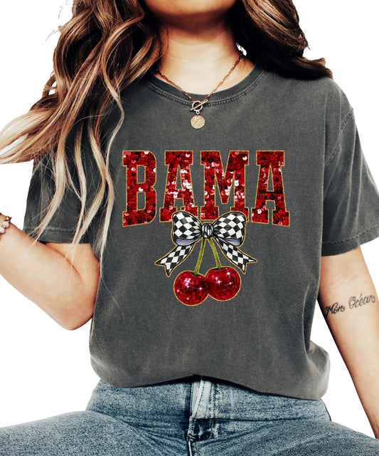 Bama Red Ink-Printed Sequins and Check Bow Shirt for Women & Teens Alabama School Sports Fan Tee