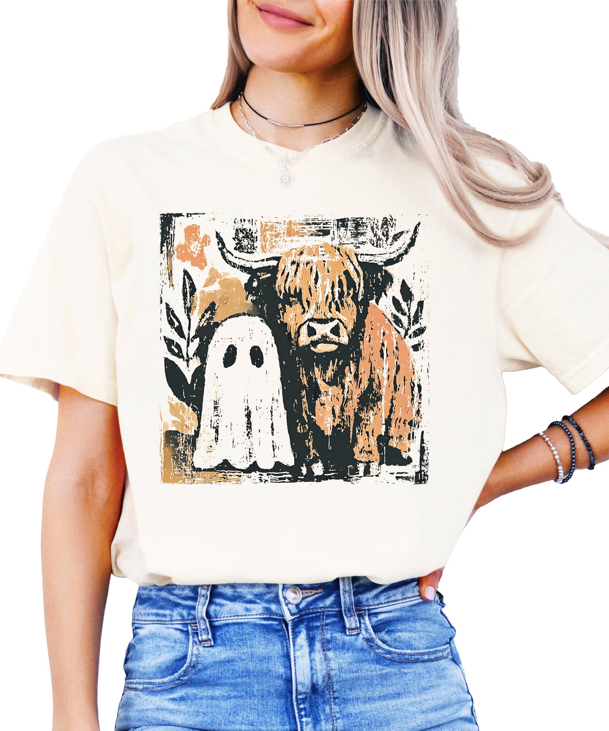 Women's spooky fall graphic tee with highland cow and ghost design, shown from alternate angle