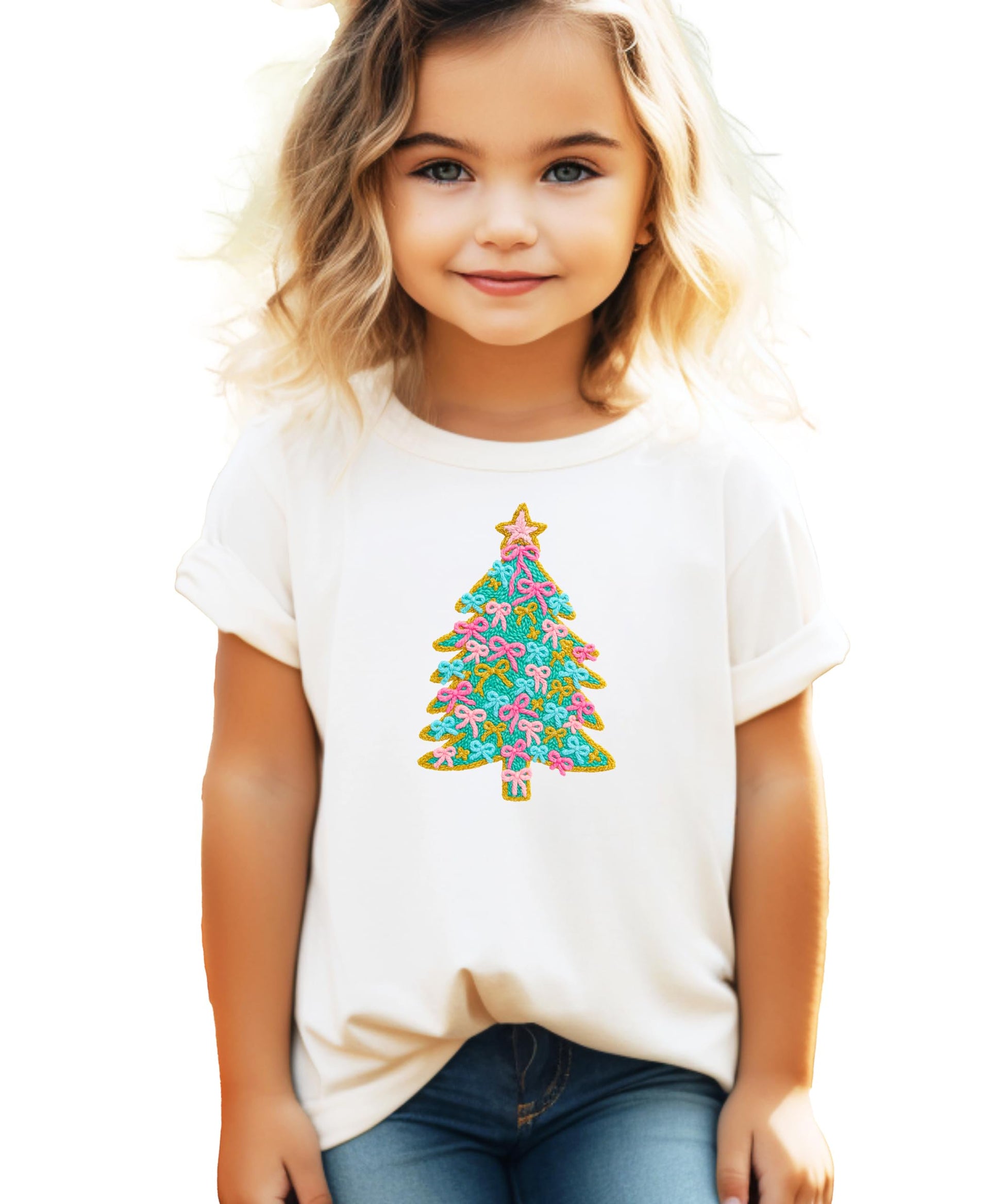 Kids natural tee with ink-printed Christmas tree graphic featuring pink bow ornaments and gold star topper