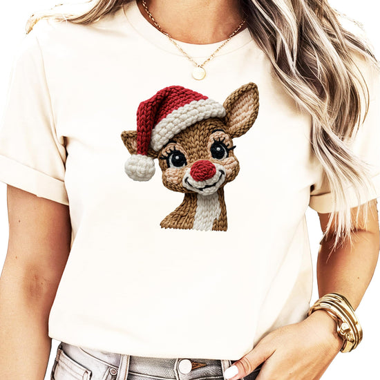 Olive Loves Apple faux yarn reindeer Christmas graphic shirt full product view