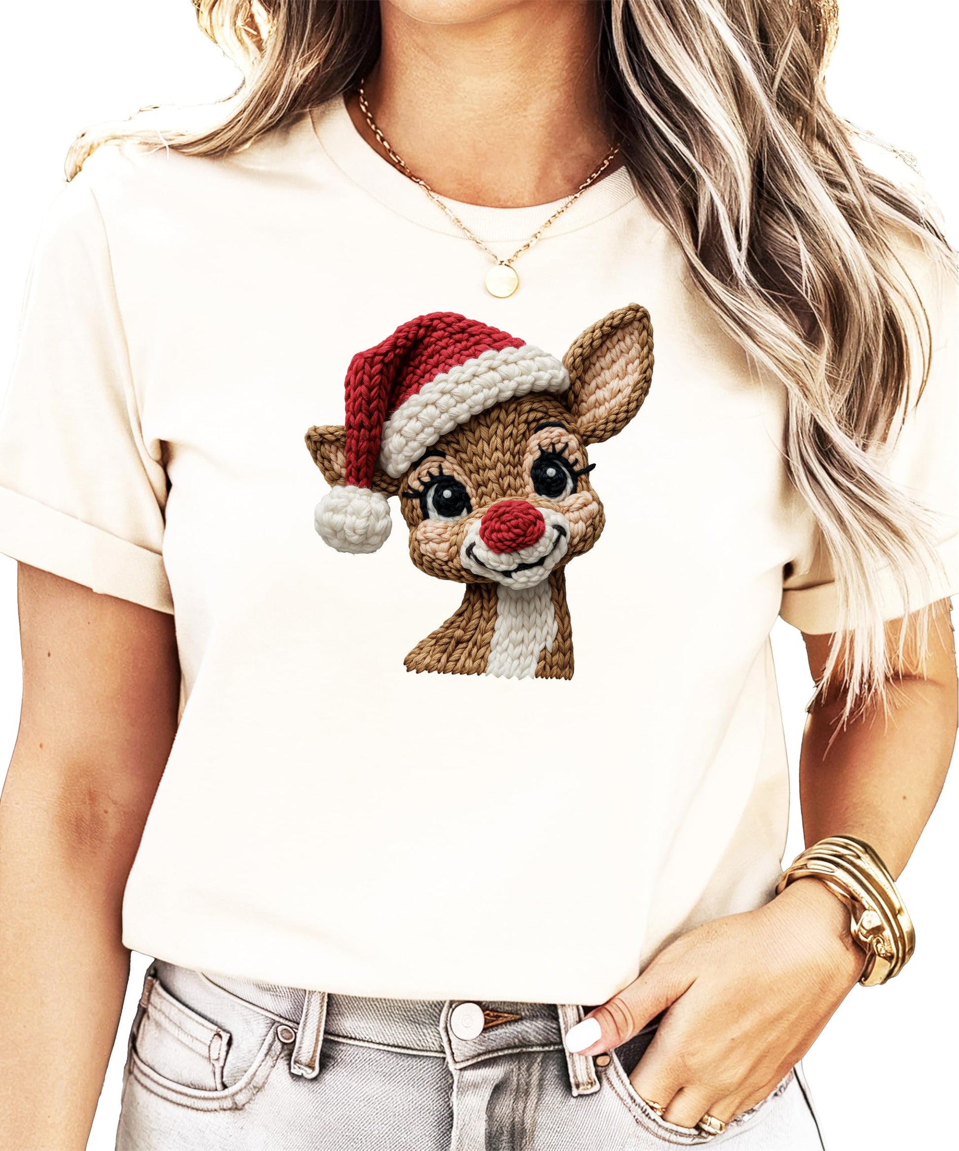Olive Loves Apple faux yarn reindeer Christmas graphic shirt full product view