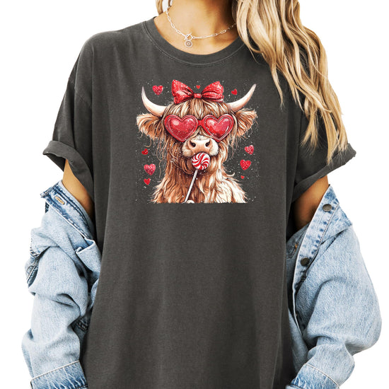Back view of Highland Cow Valentine's Day shirt showing placement and fit