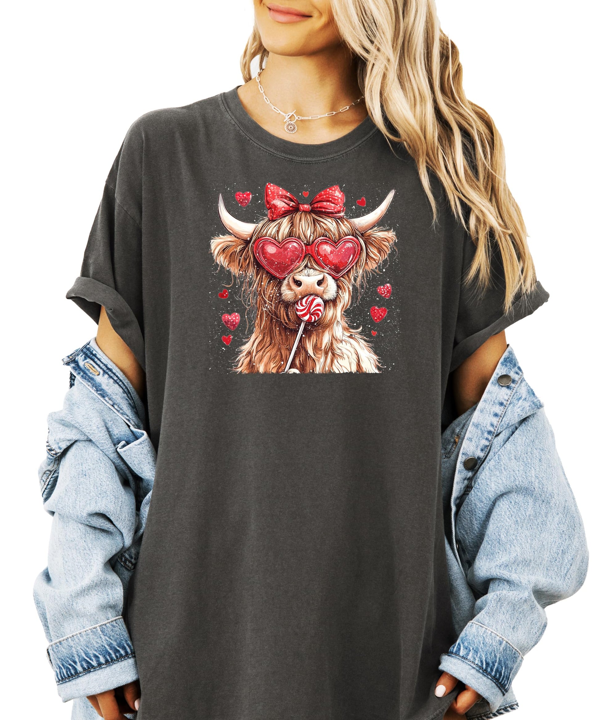 Back view of Highland Cow Valentine's Day shirt showing placement and fit