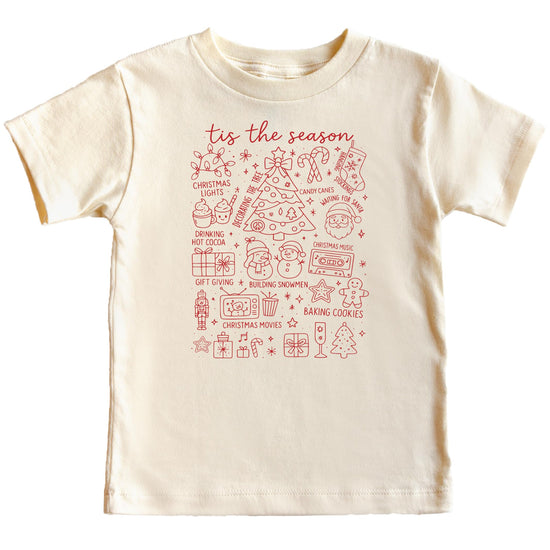 Tis the Season Christmas collage graphic unisex tee in natural color — adult size front view