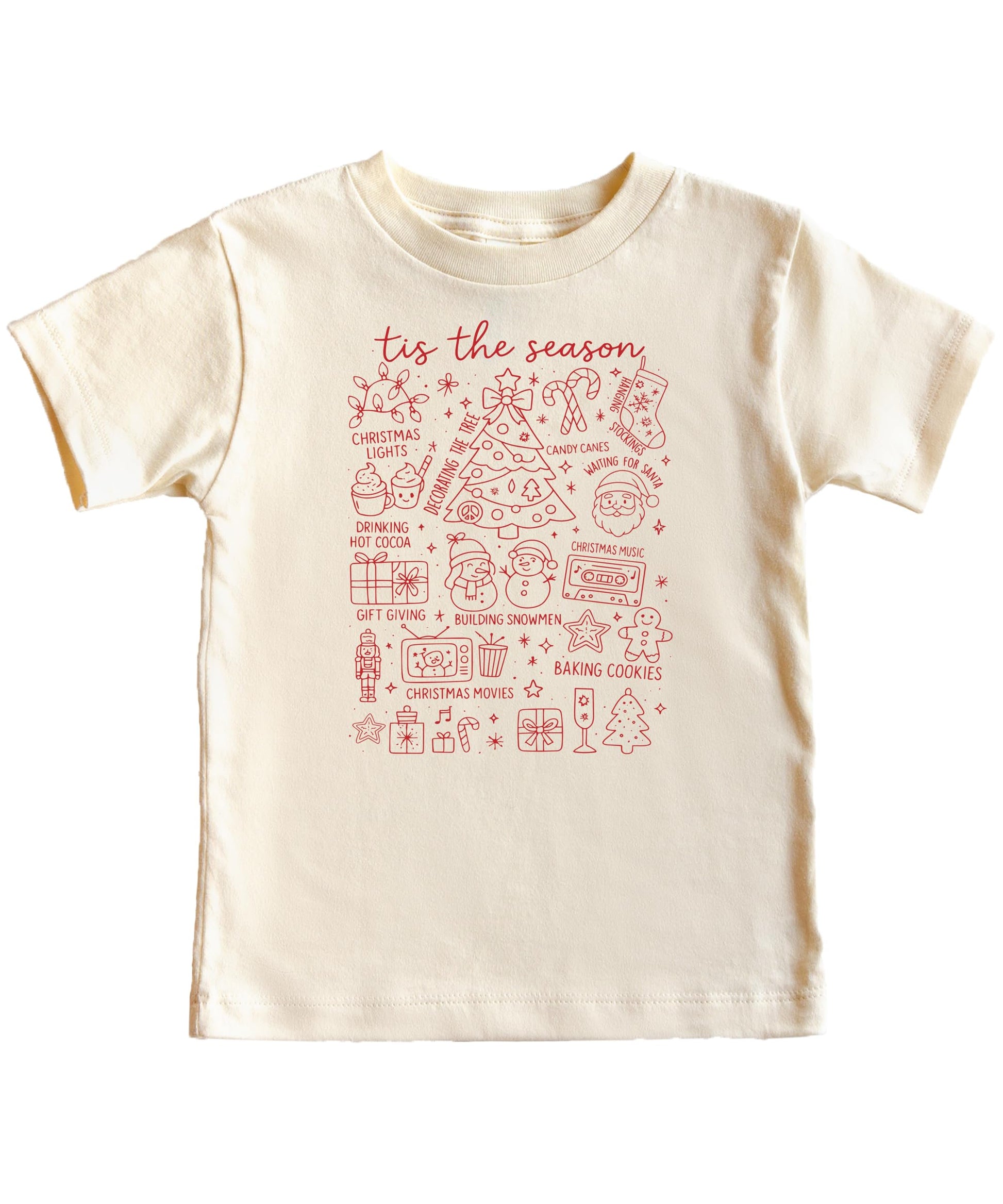 Tis the Season Christmas collage graphic unisex tee in natural color — adult size front view