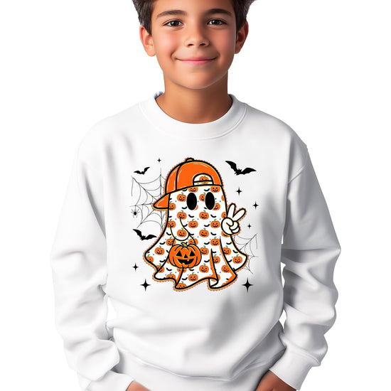 Boys white Halloween pullover sweatshirt with ghost holding jack-o-lantern, pumpkins, and bat graphic