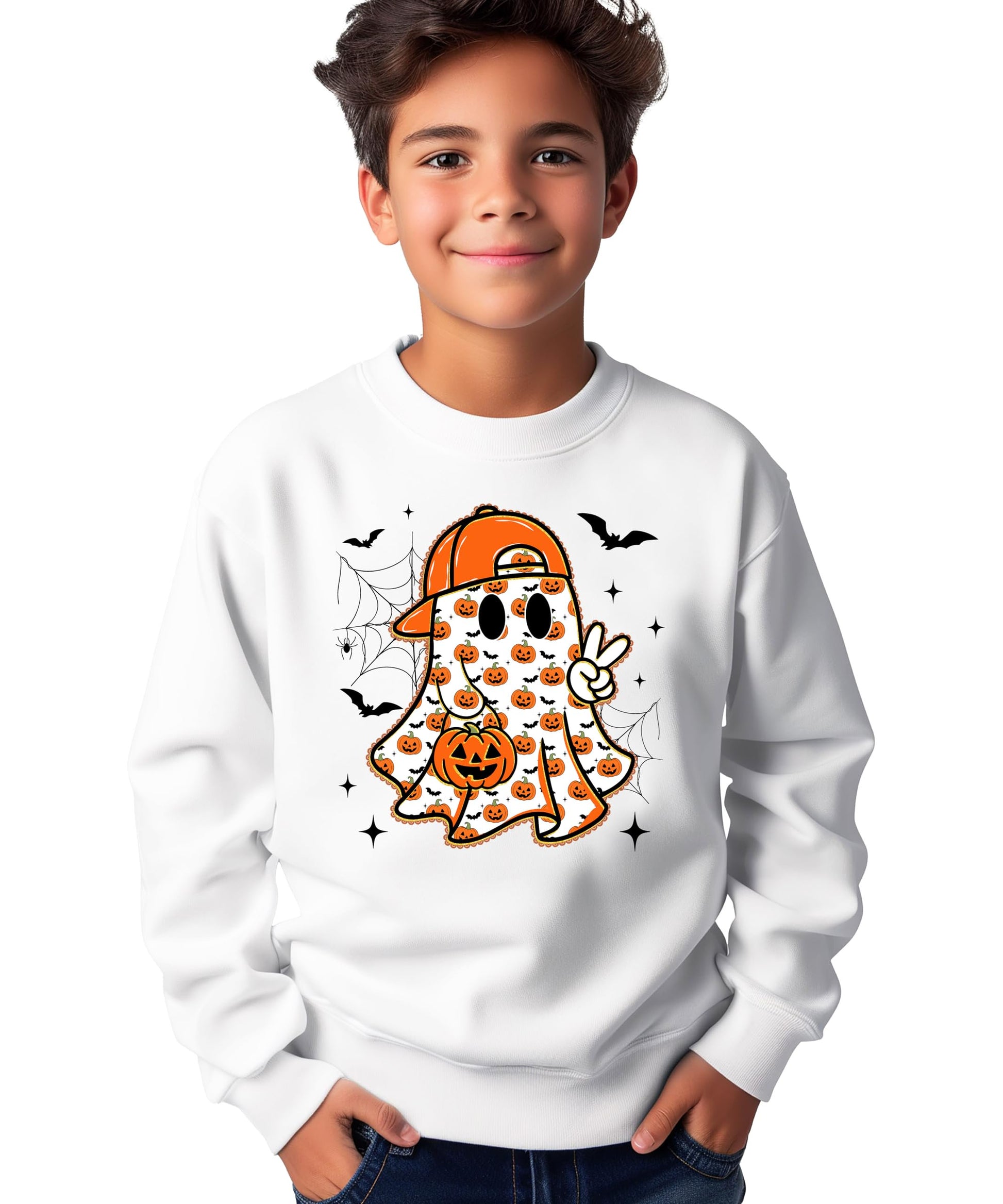 Boys white Halloween pullover sweatshirt with ghost holding jack-o-lantern, pumpkins, and bat graphic