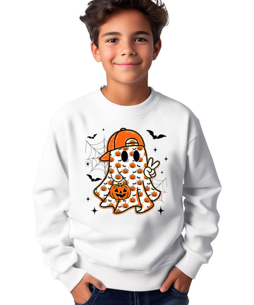 Boys white Halloween pullover sweatshirt with ghost holding jack-o-lantern, pumpkins, and bat graphic