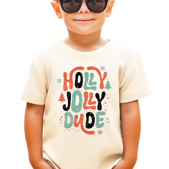 Boys' Holly Jolly Dude Christmas graphic tee in natural color with retro festive font design