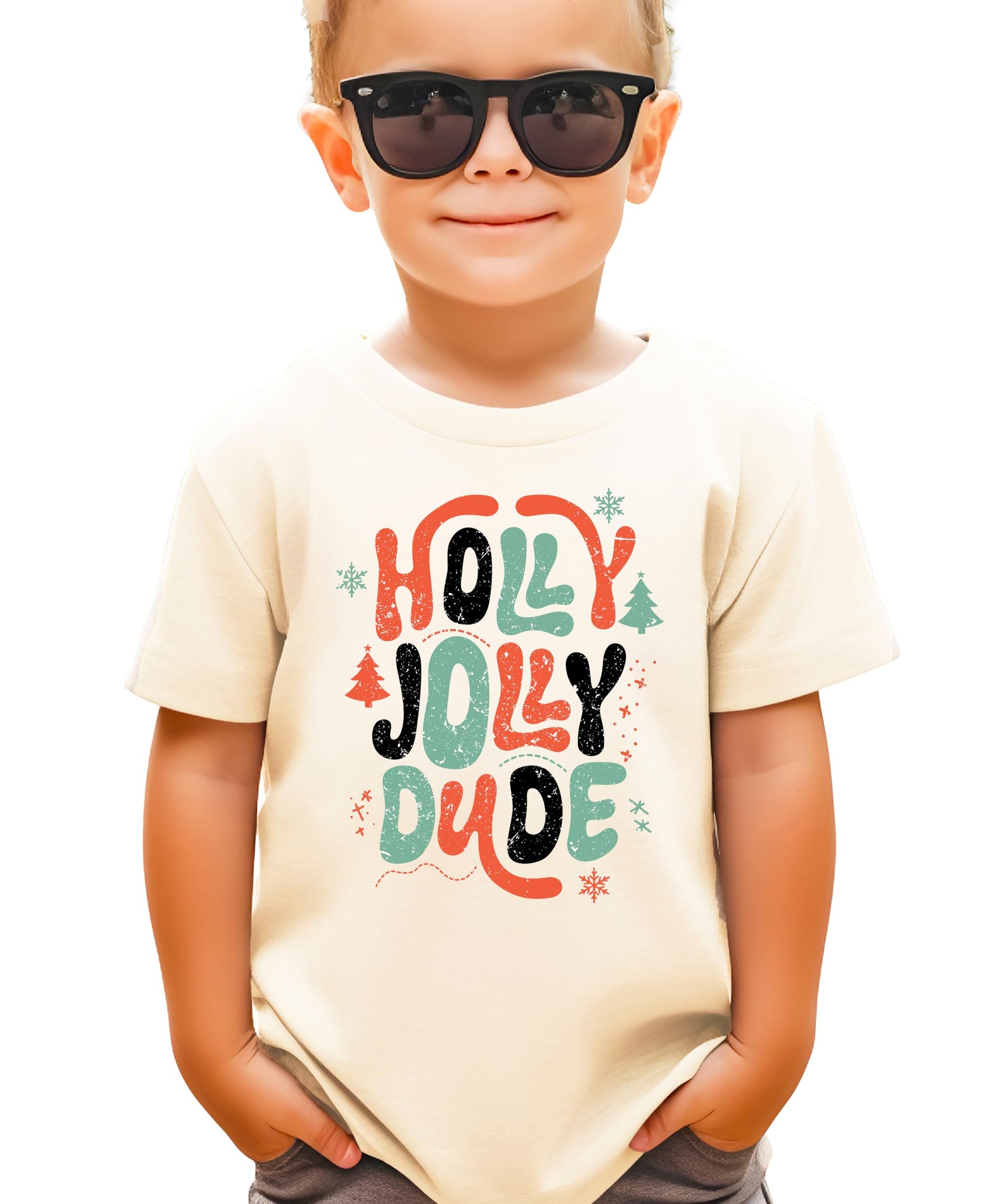 Boys' Holly Jolly Dude Christmas graphic tee in natural color with retro festive font design