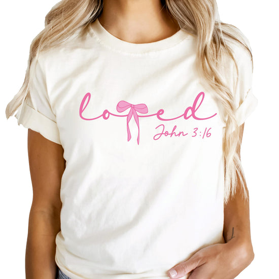 Flat lay of women's Loved John 3:16 Valentine's Day shirt showing full graphic design