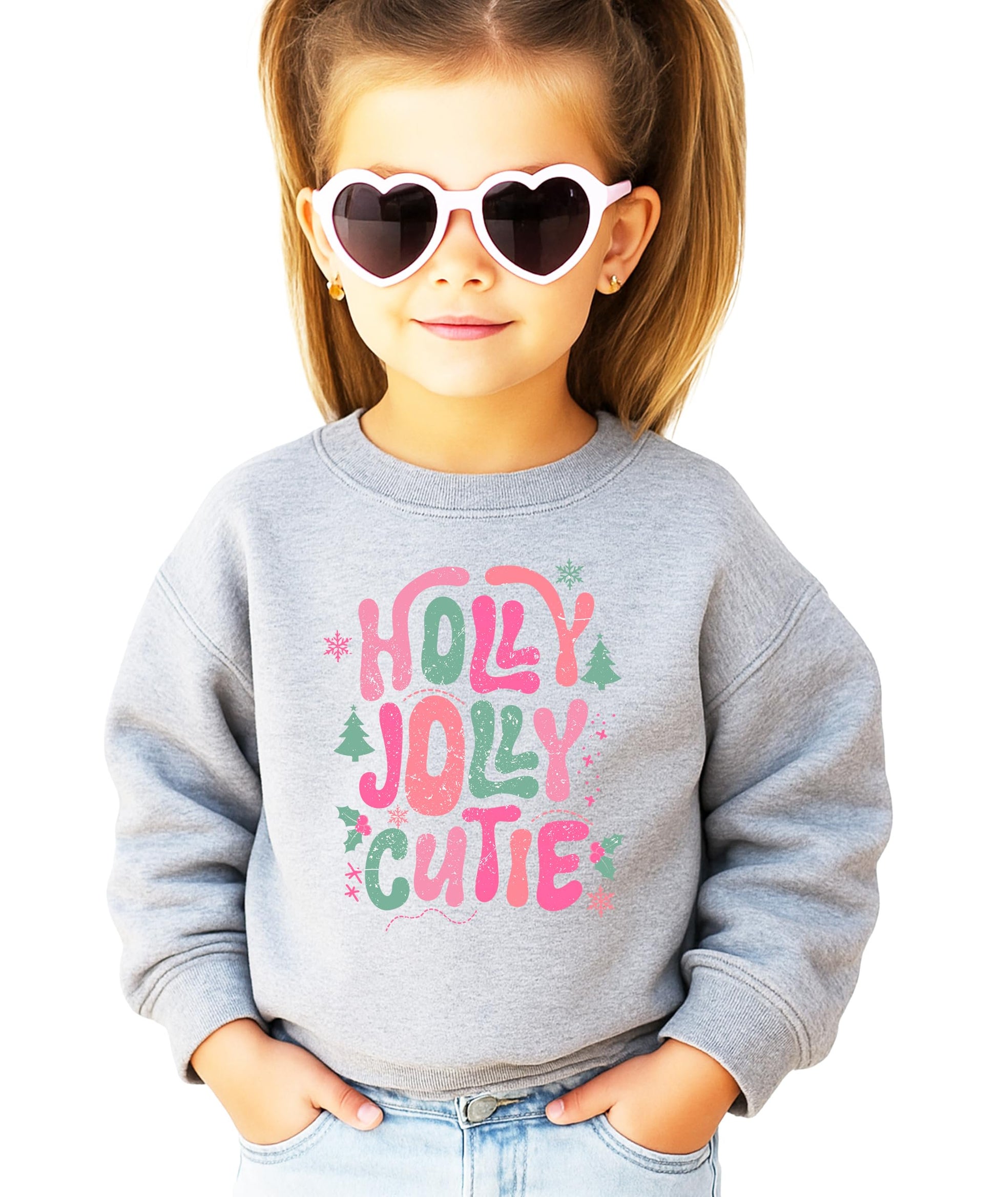 Front view of black toddler Christmas sweatshirt with colorful festive Holly Jolly Cutie design